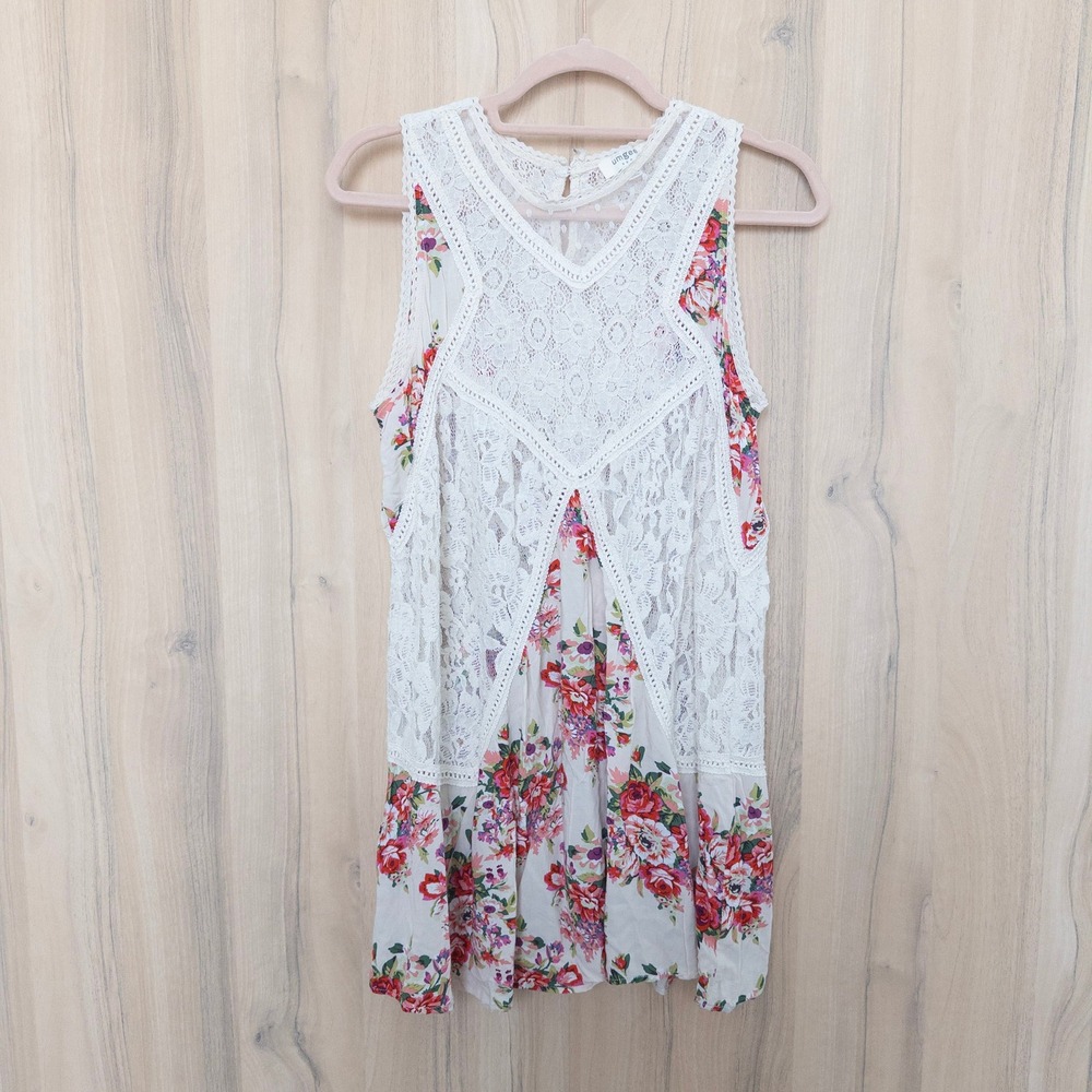 Umgee Womens Sleeveless Floral Lace Top Size M White Multi Boho Cottage Romantic